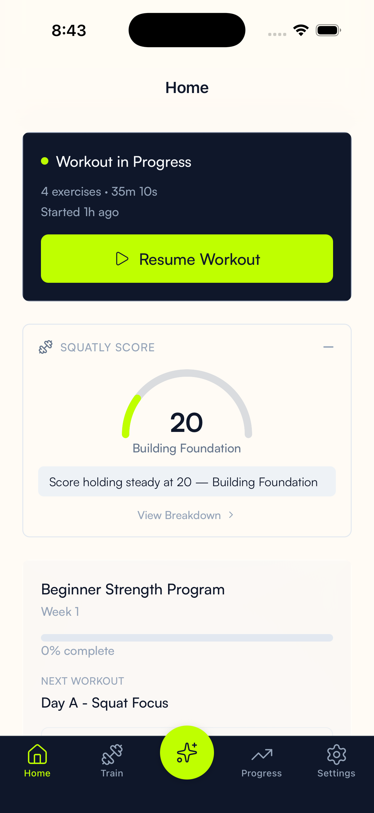 Squatly home screen showing Squatly Score and active training program